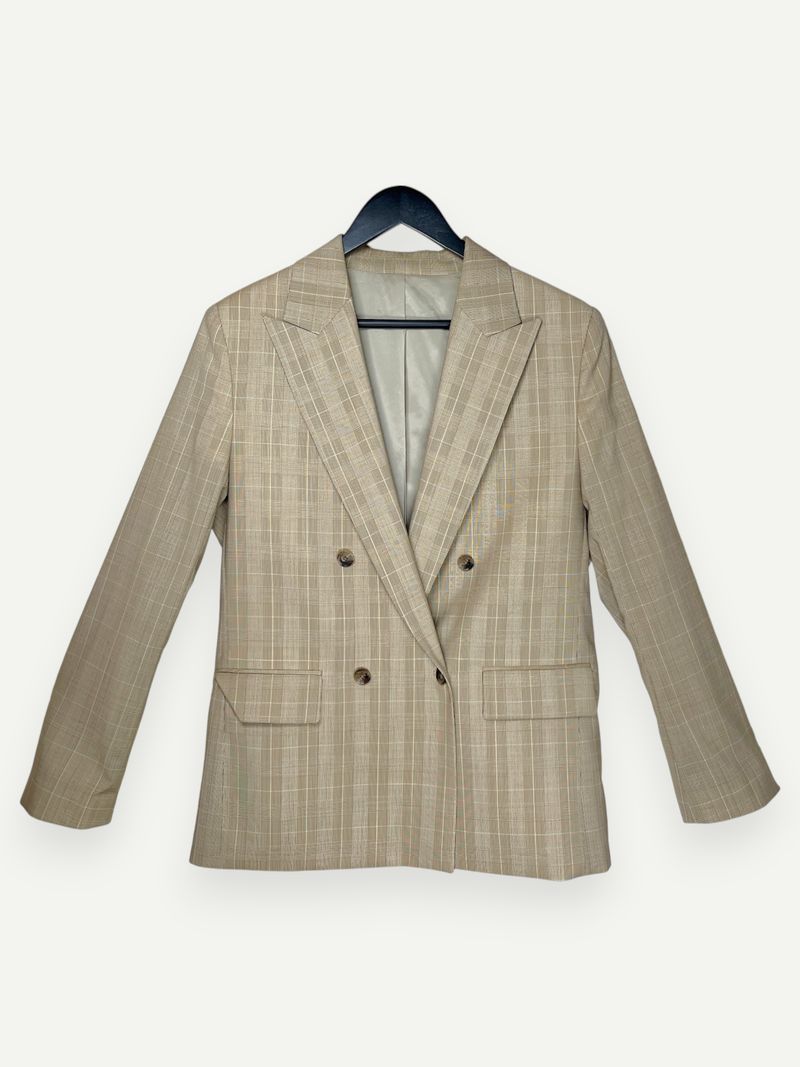 Beige Checkered Double Breasted Blazer
