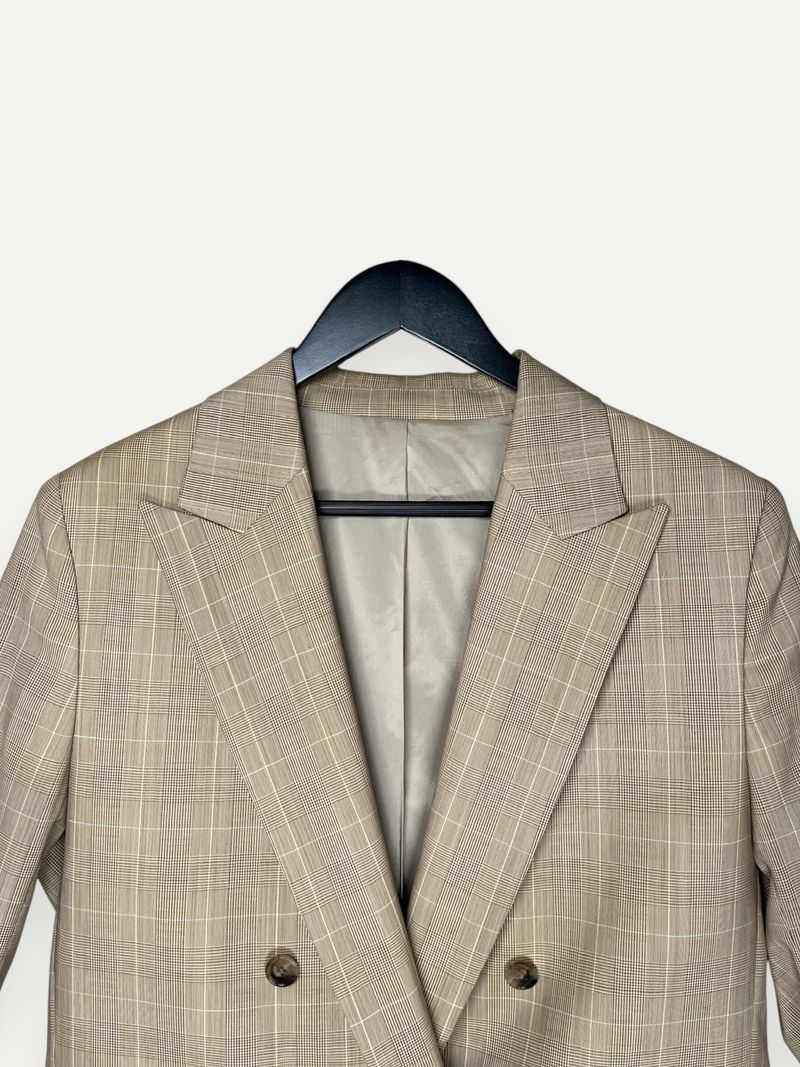 Beige Checkered Double Breasted Blazer