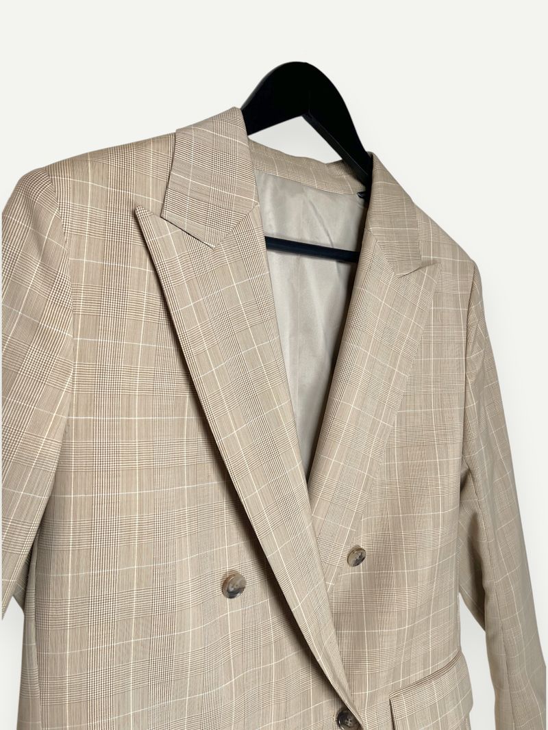 Beige Checkered Double Breasted Blazer