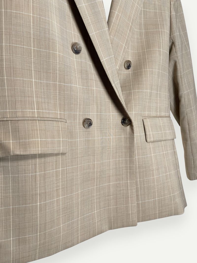Beige Checkered Double Breasted Blazer