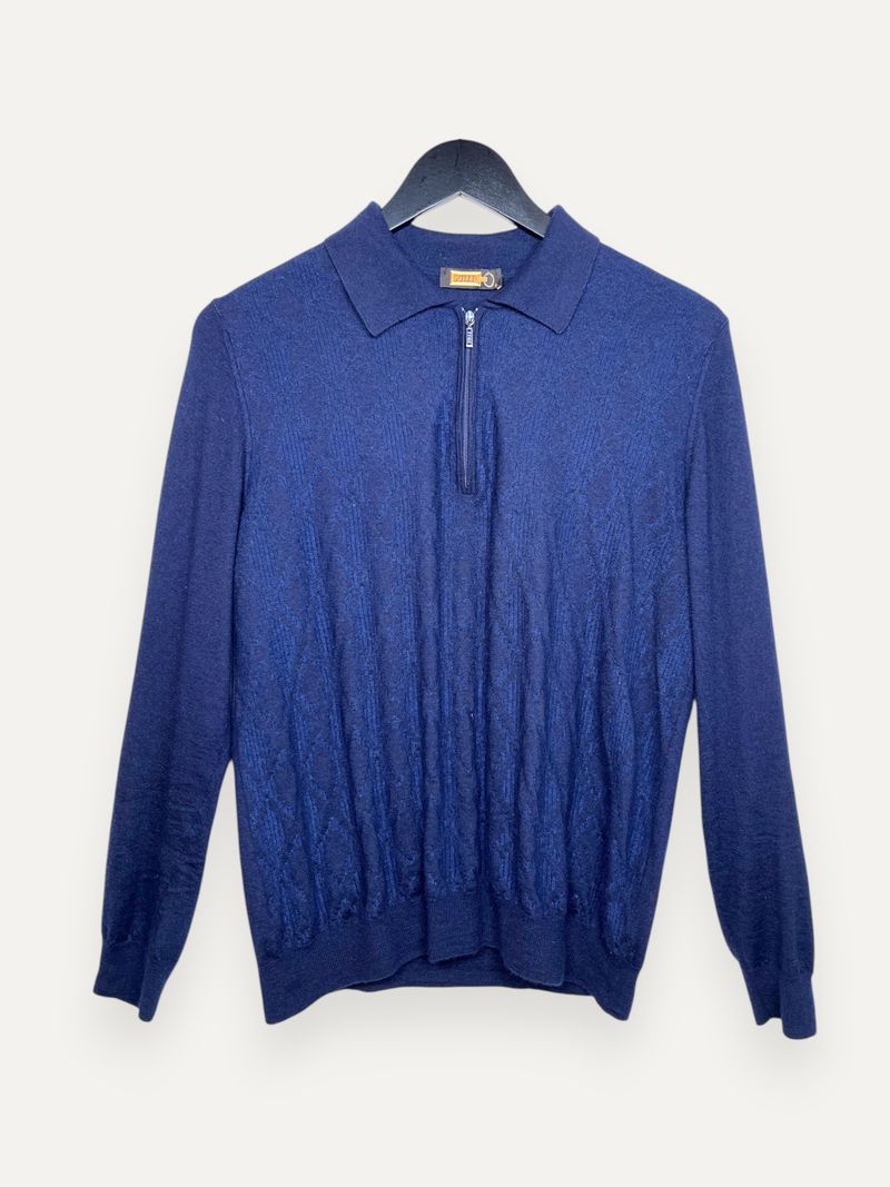 Navy Patterned Cashmere Silk Polo Knit