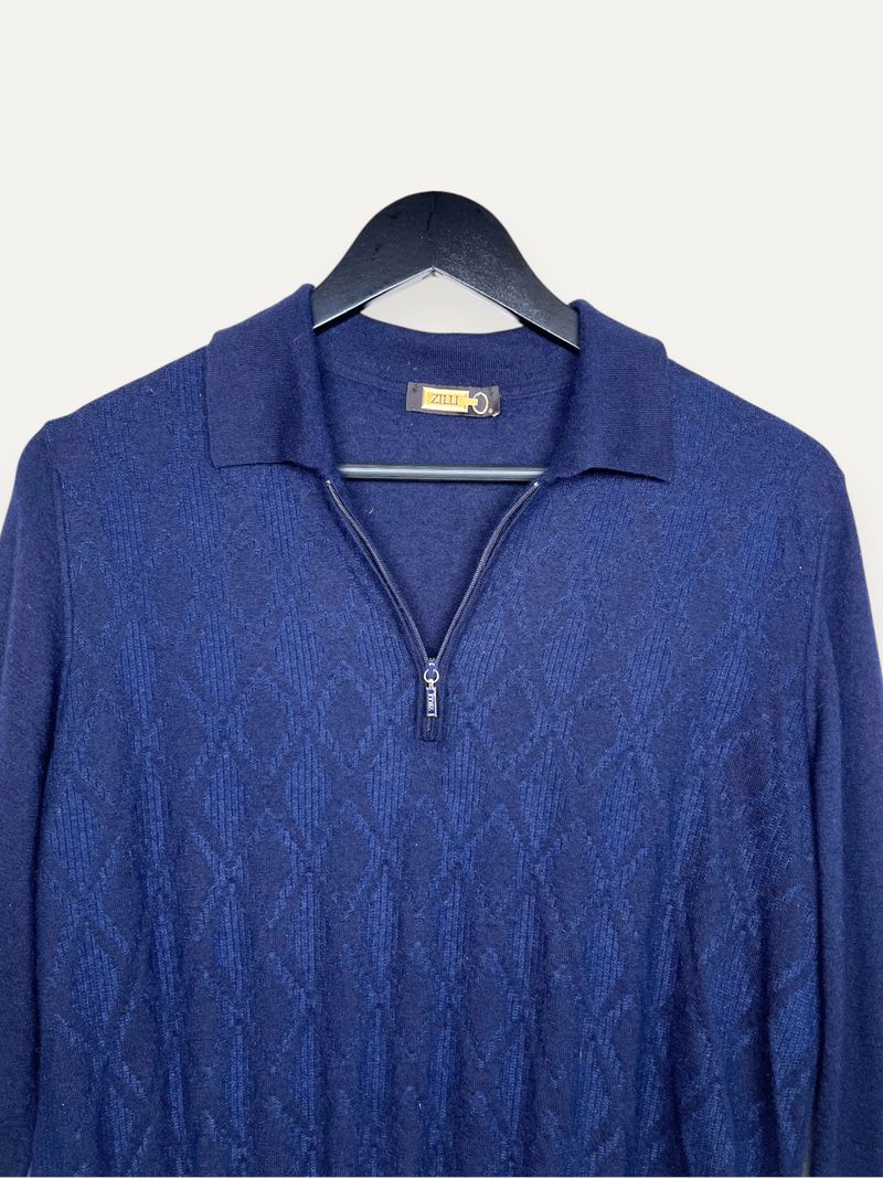 Navy Patterned Cashmere Silk Polo Knit