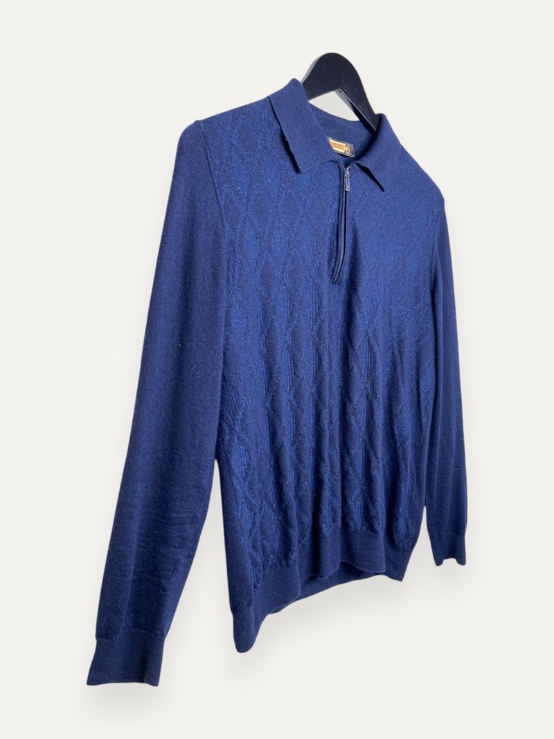 Navy Patterned Cashmere Silk Polo Knit