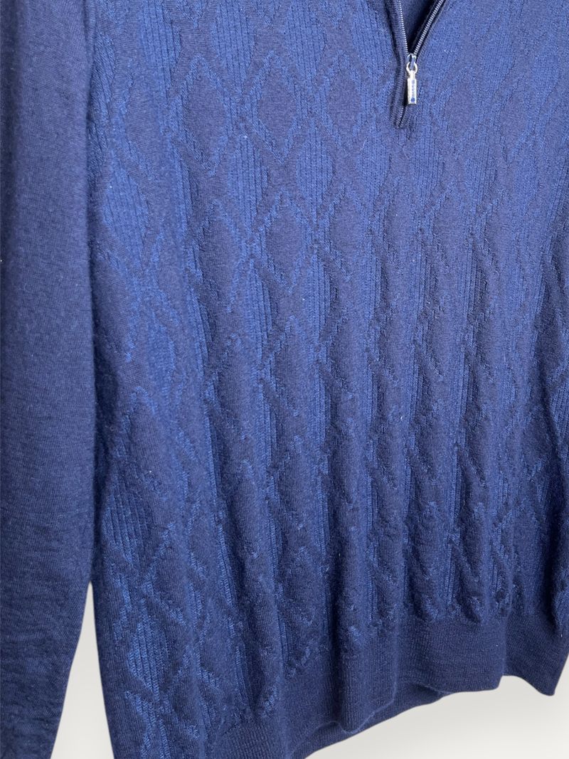 Navy Patterned Cashmere Silk Polo Knit