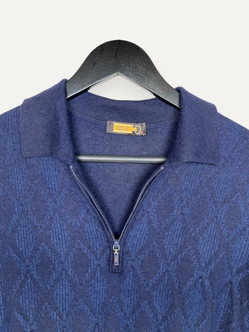 Navy Patterned Cashmere Silk Polo Knit
