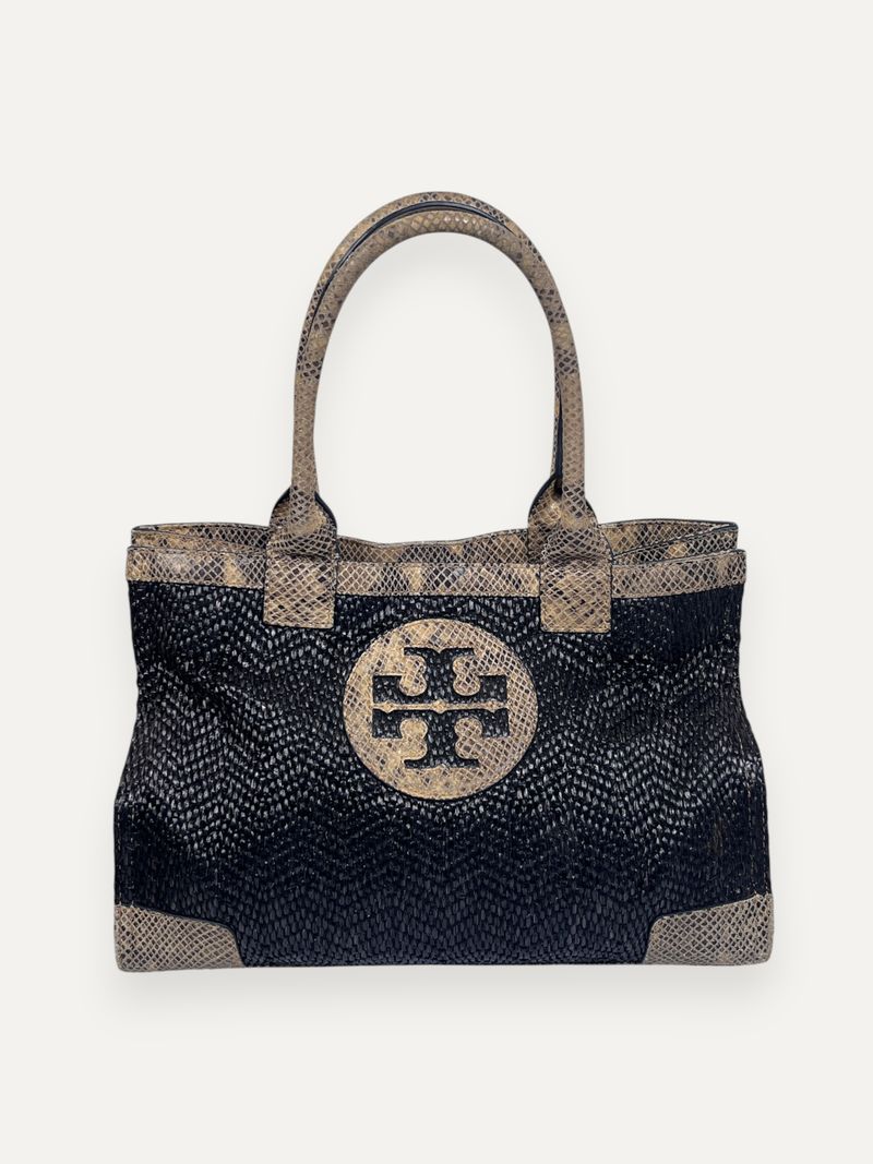 Snakeskin-Embossed Leather Trim Raffia Tote Bag