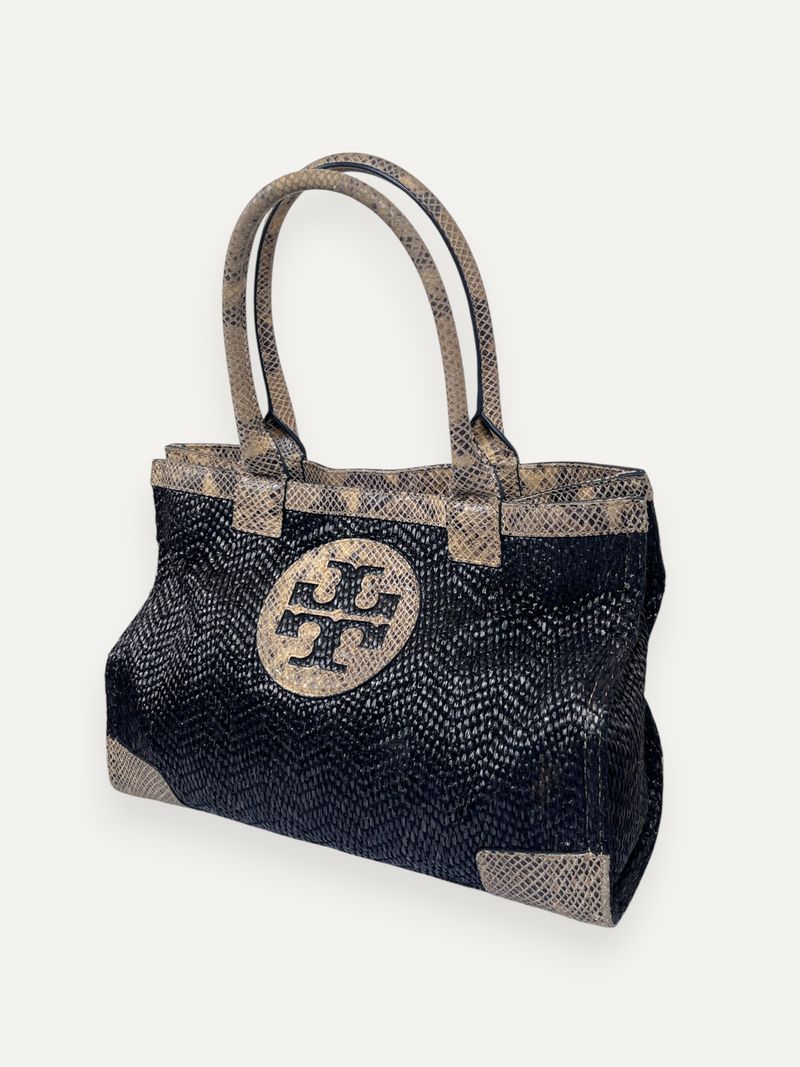 Snakeskin-Embossed Leather Trim Raffia Tote Bag