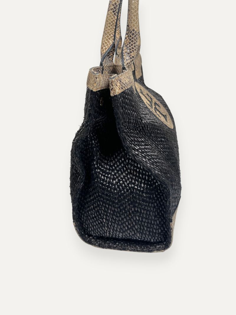 Snakeskin-Embossed Leather Trim Raffia Tote Bag