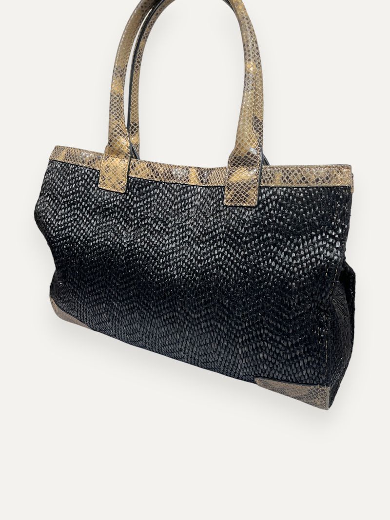 Snakeskin-Embossed Leather Trim Raffia Tote Bag