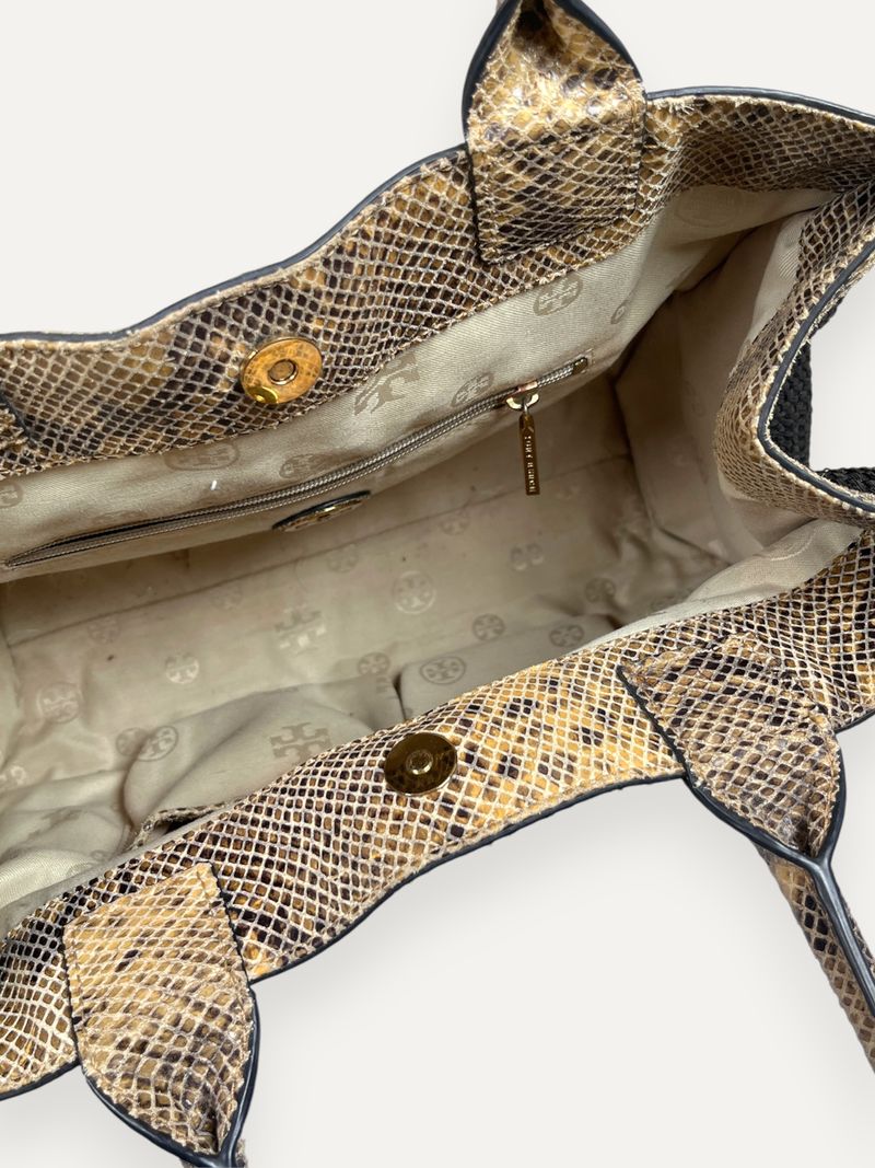 Snakeskin-Embossed Leather Trim Raffia Tote Bag