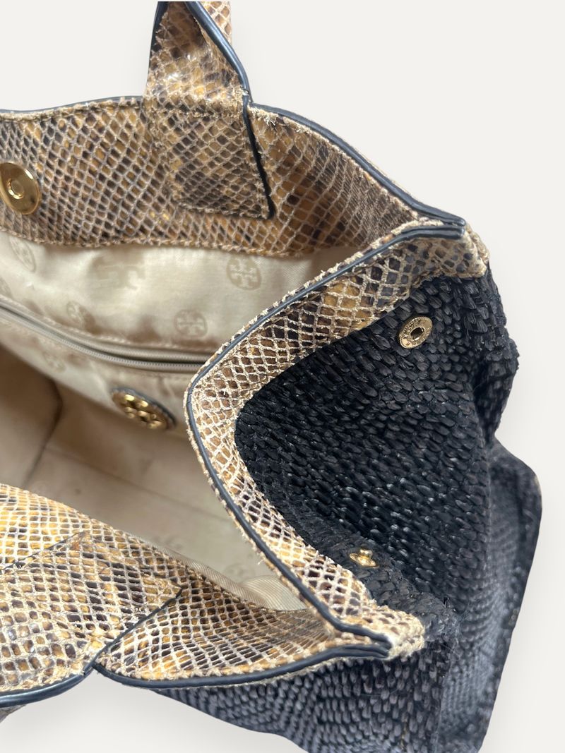 Snakeskin-Embossed Leather Trim Raffia Tote Bag