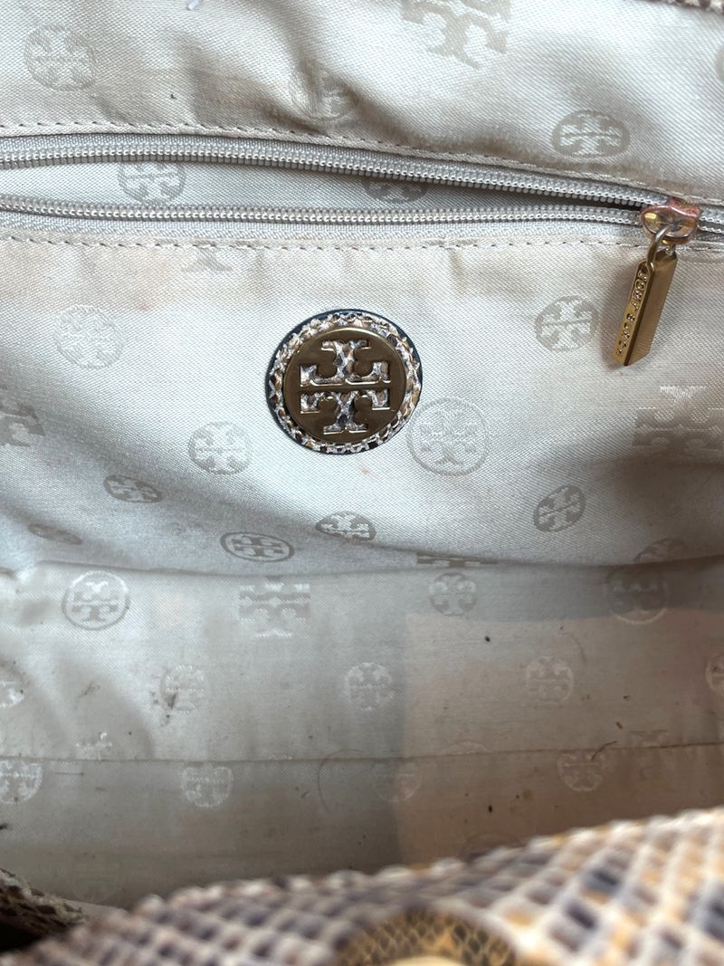 Snakeskin-Embossed Leather Trim Raffia Tote Bag