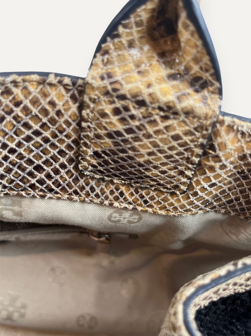 Snakeskin-Embossed Leather Trim Raffia Tote Bag