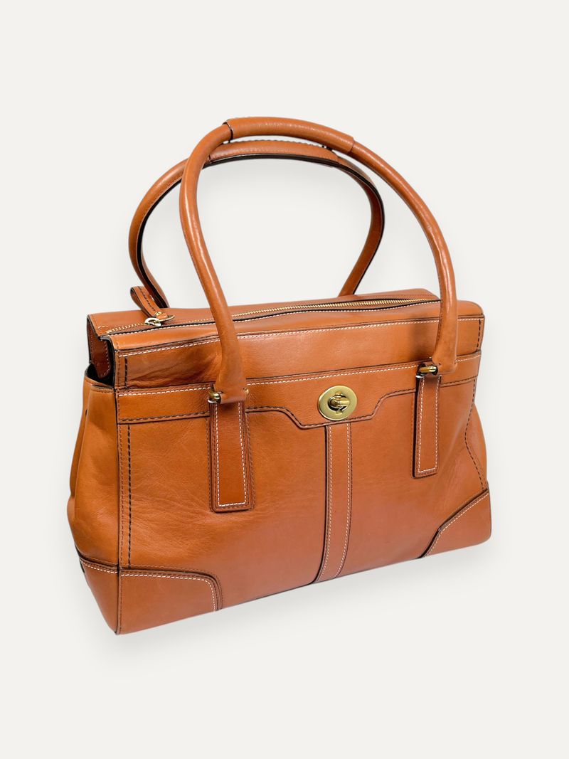 Hamptons Brown Leather Turnlock Satchel Bag
