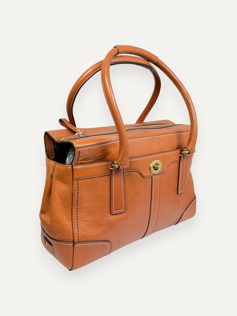 Hamptons Brown Leather Turnlock Satchel Bag