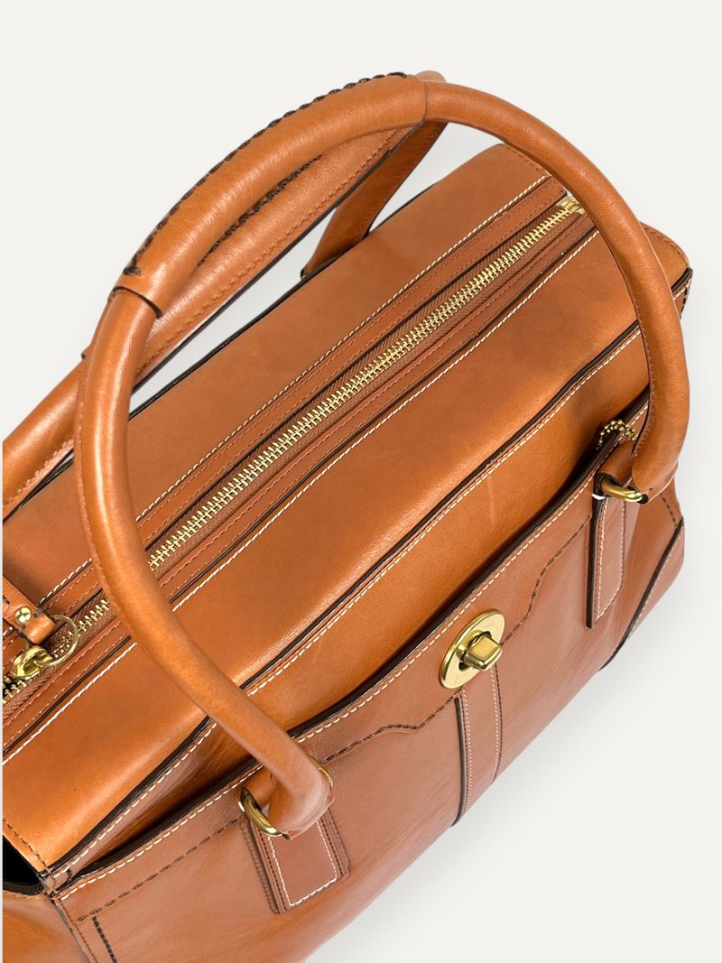 Hamptons Brown Leather Turnlock Satchel Bag