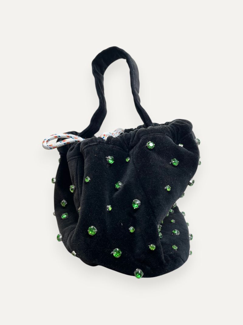 Poke Rhinestone Black Velvet Pouch Handbag