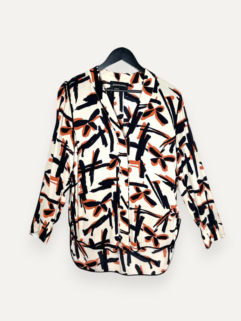 Kantinese Patterned Orange Black Beige Long Sleeve Blouse