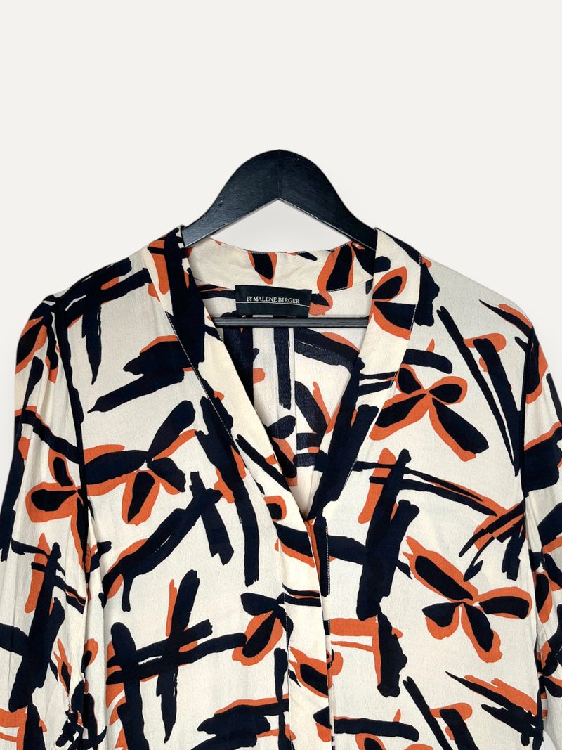 Kantinese Patterned Orange Black Beige Long Sleeve Blouse