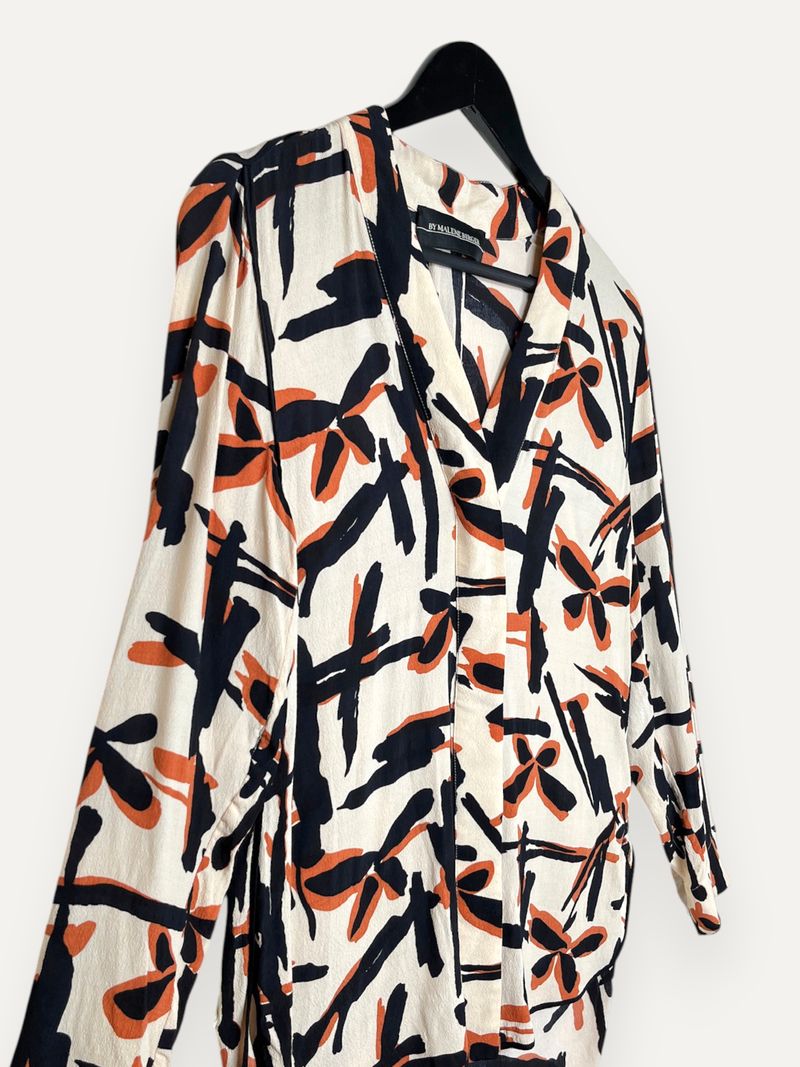 Kantinese Patterned Orange Black Beige Long Sleeve Blouse