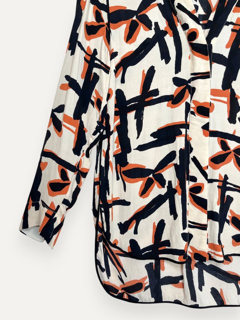 Kantinese Patterned Orange Black Beige Long Sleeve Blouse