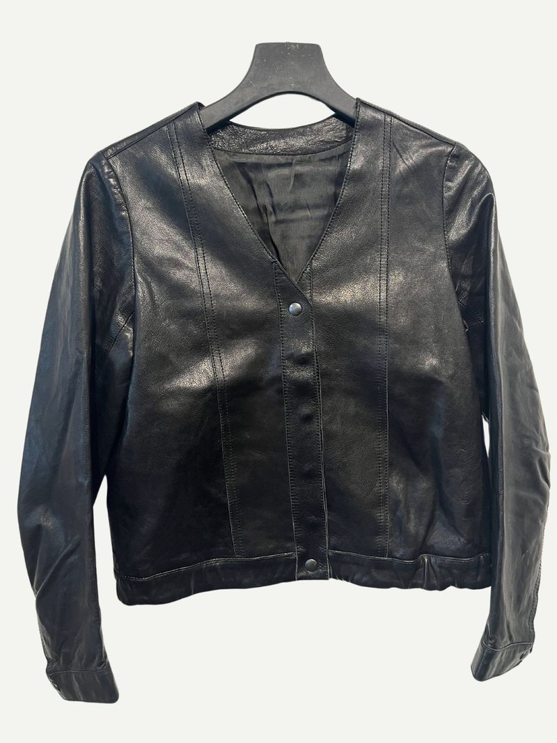 Collarless Leather Jacket